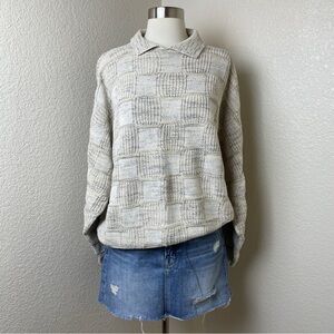 VINTAGE Cream Marled Knit Cotton Patchwork Collared Sweater
